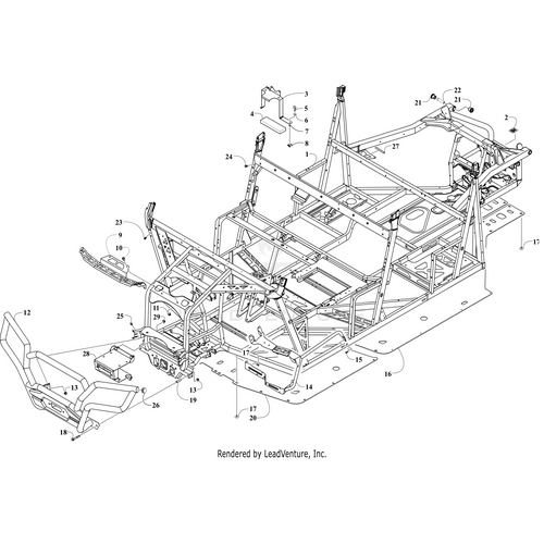 Technical black-and-white line drawing of a vehicle chassis exploded view, labeling components such as the Main Frame (Inc. 2) by Arctic Cat, seat, dashboard, and structural elements.