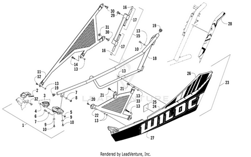 Exploded diagram of a vehicle panel assembly labeled Door Decal Upper Right-Vib Red by Arctic Cat, highlighting frames, mesh panels, and hardware—perfect for identifying OEM parts for your Arctic Cat Wildcat.