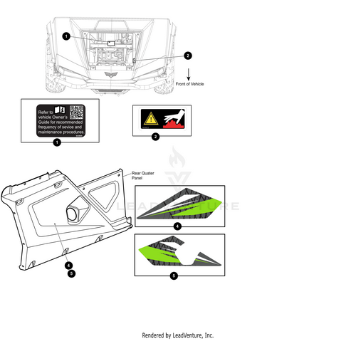 Diagram showing installation instructions for Decal Panel-Rear-Lower Left by Arctic Cat. Features a labeled vehicle front, caution label, rear quarter illustration, and two numbered green/black triangular panels. LeadVenture, Inc. rendering.