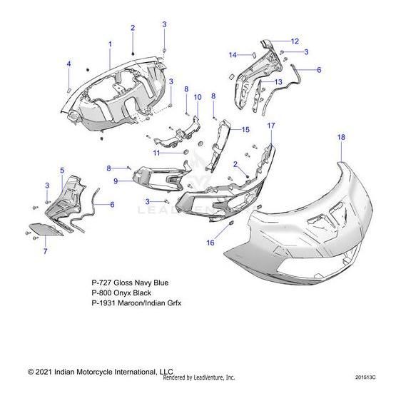 Exploded diagram of motorcycle body parts with numbered labels and color codes: P-727 Gloss Navy Blue, P-800 Onyx Black, P-1931 Maroon/Indian Grfx. Includes Fairing Outer Alumjade/Gx by Polaris and Polaris factory-direct components.