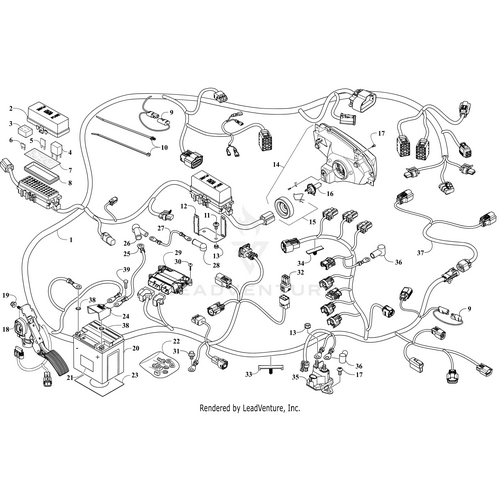 Black-and-white technical diagram showing labeled connectors, switches, relays, fuse box, and the Arctic Cat Headlight Halogen - Assembly (Inc. 15-16) Left with numbered wiring paths and components throughout.