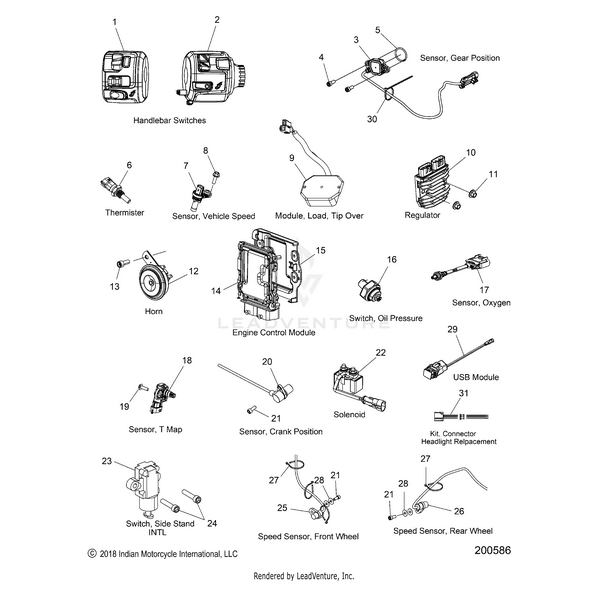 Diagram showing labeled motorcycle electrical components, including handlebar switches, Sensor Wheel Speed 590Mm by Polaris, engine control module, regulator, solenoid, USB module, thermistor, and sensor connections—each numbered for reference.