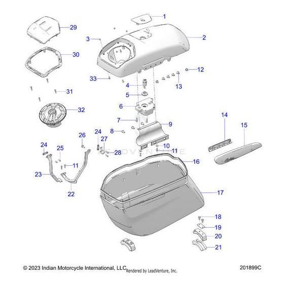 Exploded diagram of the Polaris Bin Saddlebag Flat RH Hvymtgls [Heavy Metal Gloss], detailing numbered parts like lid, base, latch, hinge, screws, and handle for easy identification and assembly reference.