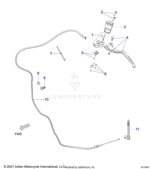 Diagram of Clutch Lever Ind Blackpl Nc by Polaris, showing OEM parts with labeled sections—lever assembly and included items 1, 2, 4, 5, 6—plus bolts and hardware with numbered callouts; arrow marks forward (FWD) direction.