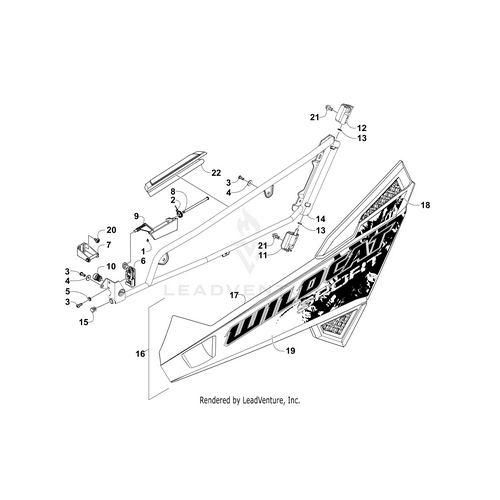 Exploded diagram of a motorcycle or ATV frame with labeled parts, including main frame, mounting brackets, bolts, and a Door Panel W/ Decals-Vb-Right(Wc Sport Xt) (Inc. 17-19) by Arctic Cat. Each genuine OEM part is numbered for reference.