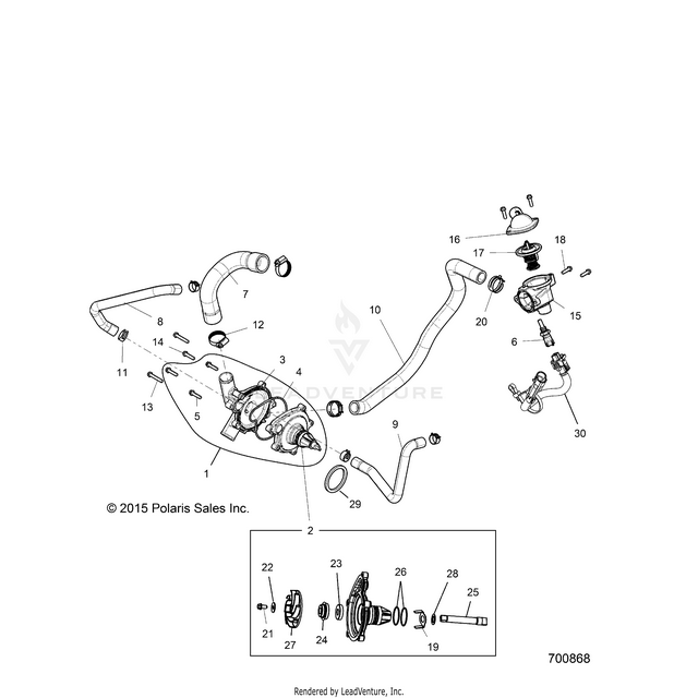 An Image of a Genuine Polaris Parts Schematic Diagram showing the schematic - ENGINE: WATERPUMP AND BYPASS - 2019 POLARIS RZR XP 4 1000