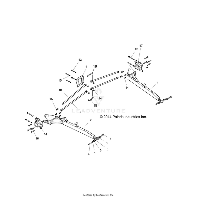 An Image of a Genuine Polaris Parts Schematic Diagram showing the schematic - SUSPENSION: REAR CONTROL ARMS - 2015 POLARIS RZR XP 1000