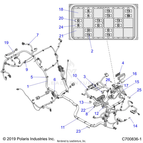 An Image of a Genuine Polaris Parts Schematic Diagram showing the schematic - ELECTRICAL: WIRE HARNESS TURBO S AND LE - 2021 POLARIS RZR TURBO S