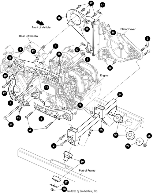 Exploded diagram of an Arctic Cat Wildcat engine and rear differential assembly, highlighting components like the Shifter Bracket Black by Arctic Cat, engine, stator cover, frame sections, bolts, brackets, and other OEM hardware.