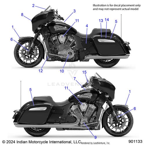 Two side-view illustrations of a black motorcycle with numbered parts for decal placement, detailing Badge Cover Eng Mhrtzbrush/Black by Polaris. Each part is marked with arrows and blue numbers; illustration may not represent actual model.
