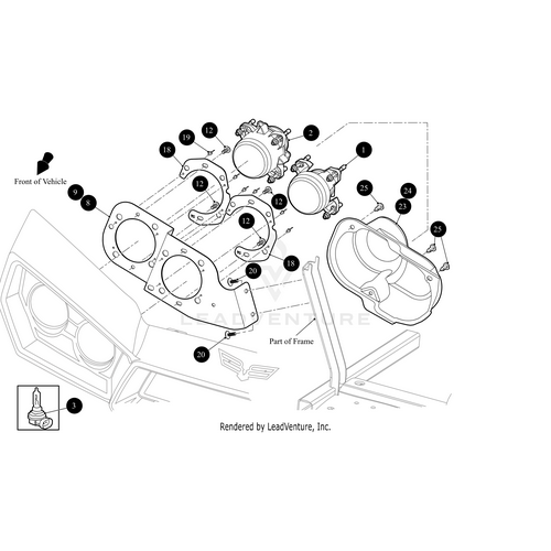 Exploded diagram of a vehicle headlight assembly with numbered parts—lenses, mounts, screws, frame sections—ideal for finding OEM details on the Arctic Cat Headlight Bracket Halogen Riveted. Vehicle front faces left in the image.