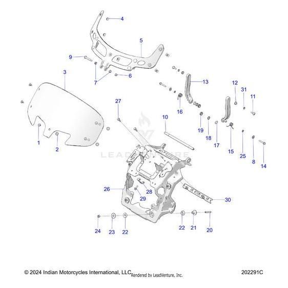Exploded diagram of a Polaris Brg Flange Ws Bracket windshield assembly, showing labeled screws, brackets, and mounting hardware, with each part numbered for reference.