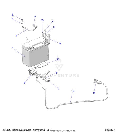 Exploded technical diagram of motorcycle battery assembly displays labeled OEM parts—cables, connectors, bolts, and mounts—including the Polaris Cable Battery Neg Cms 6Awg for factory-direct authenticity.