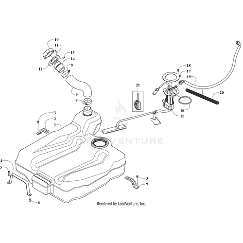 Exploded diagram of the Arctic Cat Fuel Tank (Wc Xx) assembly with labeled tank, hoses, clamps, fuel pump, and filler parts—ideal for finding OEM replacement components at Witchdoctors.com.