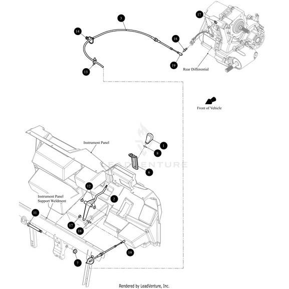 Diagram of a vehicle instrument panel and rear differential, showing labeled parts—including the Shifter - Weld by Arctic Cat—connected by a cable; numbered circles mark Arctic Cat OEM parts for easy reference.