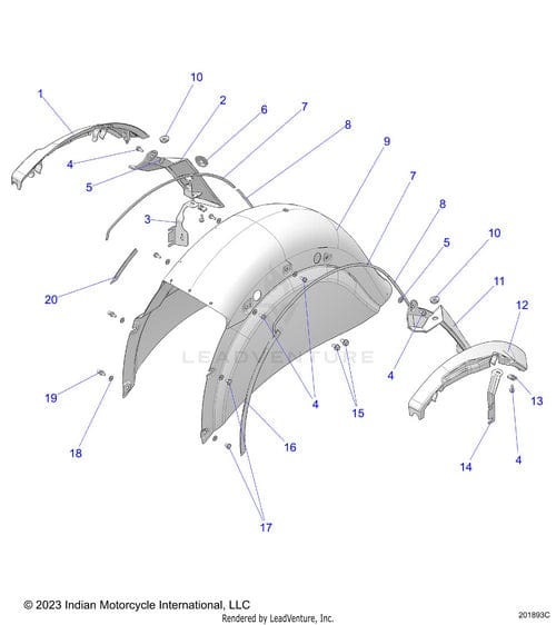 Exploded diagram of the Closeout Fender Lower RH Mgrnsm [Moss Green Smoke] by Polaris, showing numbered OEM parts like main fender, bracing arms, support brackets, and mounting hardware. Each part is clearly labeled for easy identification.