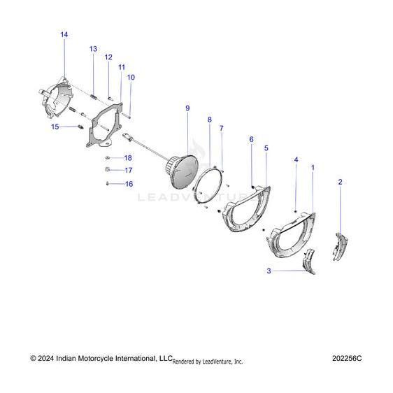 Exploded diagram of motorcycle primary drive with covers, gears, bolts, spacers, and Grommet Bezel by Polaris—each part separated and labeled for easy identification. Follows Indian Motorcycle OEM and Polaris OEM Parts layout standards.