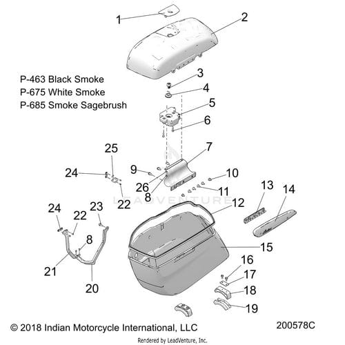 Technical diagram of the Bin Saddlebag LH Smksgbh by Polaris, showing numbered OEM parts like the trunk case, mounting hardware, support brackets, saddlebag connections, and available in Smoke Sagebrush color.