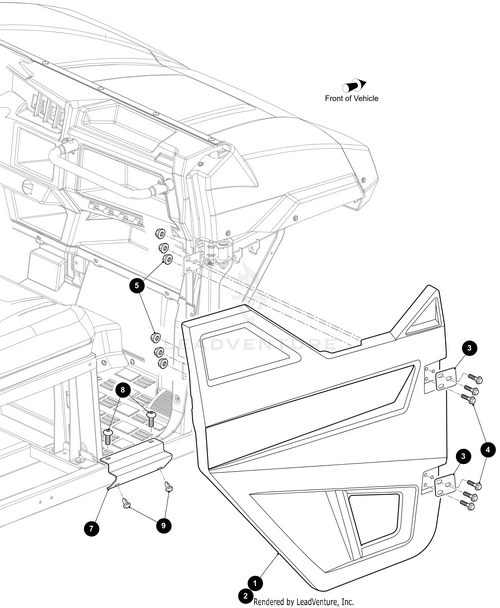 Line drawing of a vehicles side door assembly with labeled parts, including the detached door, dashboard, and seats. An arrow shows the front. Features OEM Arctic Cat Hex Flange Bolt M10-1.5X30 for reference.