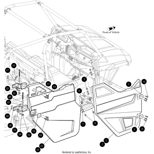 Line diagram of a vehicle’s side doors and frame with numbered components, showing parts placement and OEM Arctic Cat parts like the Stator Hinge Bracket Lower For Door-Weld; includes front labels and part numbers for installation.