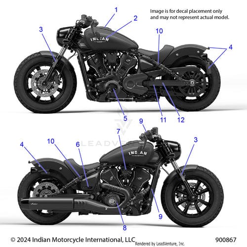 Side-view illustrations show decal placement for the Badge Cover Engine Black/Titanium ([Limited & Limited +Tech Models] by Polaris) on both sides of a black Indian motorcycle. For reference only. Uses Polaris factory-direct OEM parts.