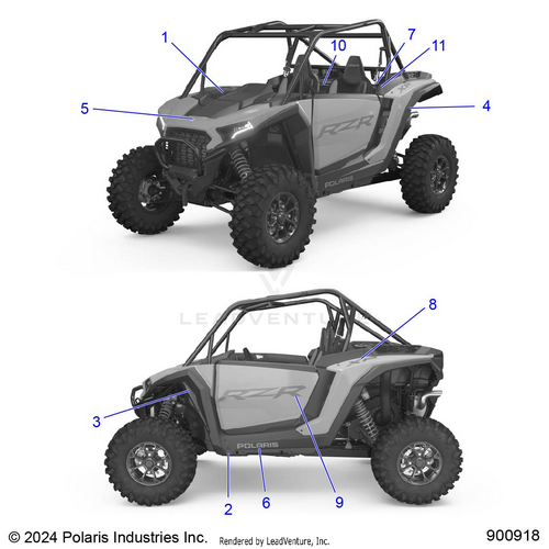 An Image of a Genuine Polaris Parts Schematic Diagram showing the schematic - BODY: DECALS - 2025 POLARIS RZR XP 1000 PREMIUM