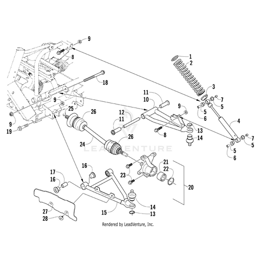 Exploded diagram of a front suspension system with labeled components, featuring the Arctic Cat Front Spring - Black (220Lb/In X 13.3)—ideal for those working with OEM Arctic Cat parts or ATV UTV suspension.