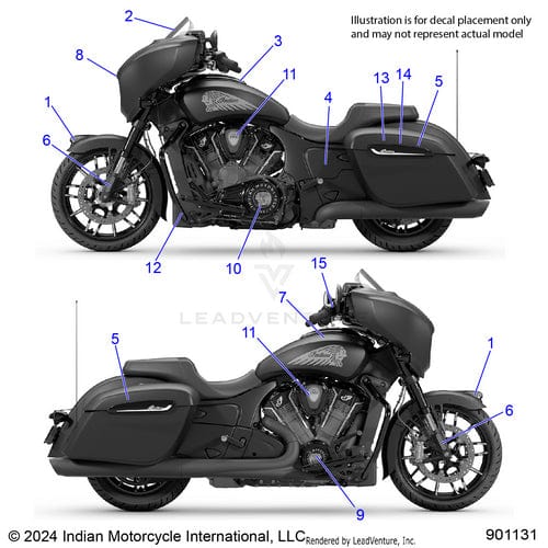 Two side-view illustrations of a black Indian motorcycle with Badge Cover Eng Black/Chrome by Polaris labeled for decal placement on both sides, featuring informational text, Witchdoctors.com mention, and a copyright notice at the bottom.