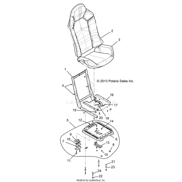 An Image of a Genuine Polaris Parts Schematic Diagram showing the schematic - BODY: SEAT ASM. AND SLIDER - 2015 POLARIS RZR 900/900 EPS