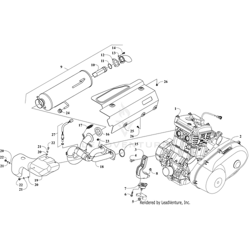 Labeled diagram of a motorcycle engine and exhaust system, highlighting parts like the muffler and pipes—perfect for identifying the OEM Engine Mount Front-Mach-Right by Arctic Cat or finding replacements at Witchdoctors.com.