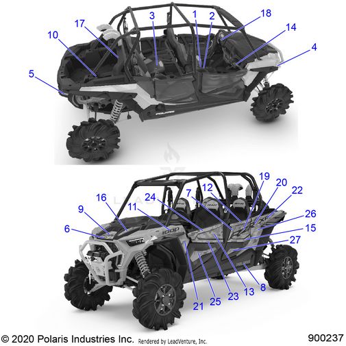 An Image of a Genuine Polaris Parts Schematic Diagram showing the schematic - BODY: DECALS - 2021 POLARIS RZR XP 4 1000 HIGH LIFTER