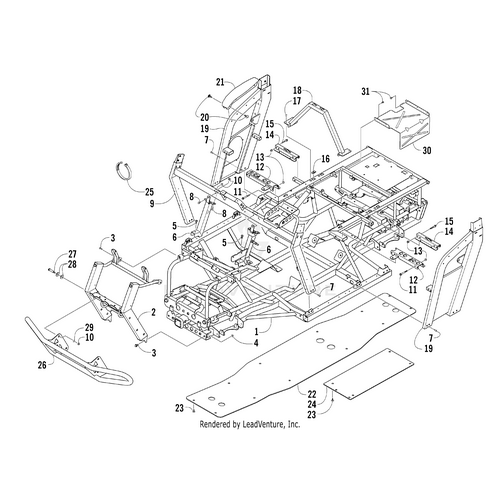 Line drawing of a vehicle chassis with numbered parts—frame, floor panels, doors, structural supports—and the Heat Shield by Arctic Cat, shown from a three-quarters perspective for assembly reference.