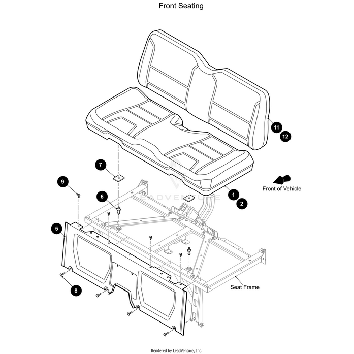 Exploded diagram of a vehicle’s front seating highlights the Seat Bottom Stitched Char Texture-Assembly for Stampede 4X Models Only by Arctic Cat, showing OEM numbered parts and assembly positions with arrows.