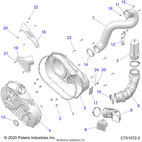 An Image of a Genuine Polaris Parts Schematic Diagram showing the schematic - DRIVE TRAIN: CLUTCH COVER AND DUCTING - 2020 POLARIS RZR S 4 1000