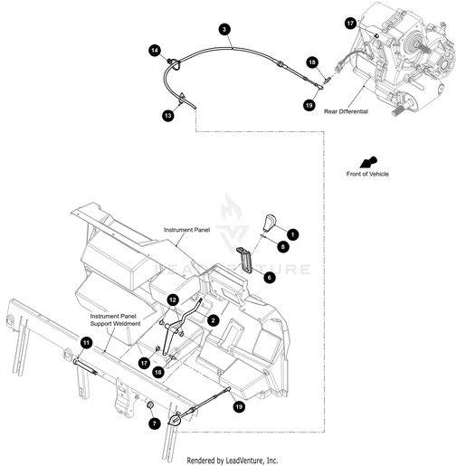 Line diagram displays a vehicle’s instrument panel, support weldment, and rear differential linked by the Arctic Cat Shift Cable Mechanism Crew, with numbered parts for assembly and arrows indicating its routing toward the vehicle’s front.