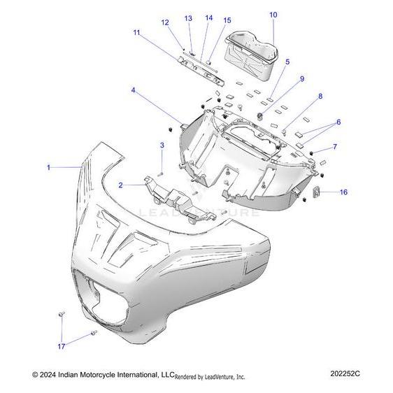 Exploded diagram of a motorcycle front fairing assembly with numbered parts, including the fairing shell, brackets, fasteners, and a Storage Liner by Polaris—each clearly labeled for easy identification. Discover more at Witchdoctors.com.