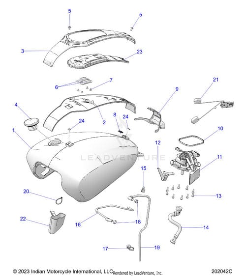 Exploded diagram of a motorcycle fuel tank assembly with 27 numbered parts—including tank, cap, Mount Console Antenna by Polaris, brackets, hoses, and hardware—each separated and labeled for easy identification.