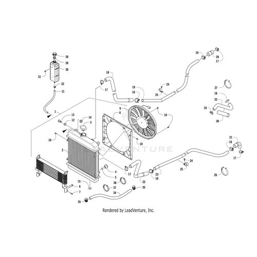 Exploded diagram of a vehicle cooling system with labeled parts—radiator, fan, hoses, clamps, and the Arctic Cat Coolant Pipe - Upper—arranged to show assembly and flow. Get OEM Arctic Cat parts at Witchdoctors.com.