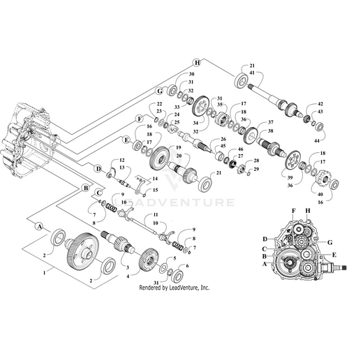 Exploded view diagram of a mechanical gearbox assembly with labeled parts, gears, shafts, and fasteners—including the Engagement Dog 6 Face-4 Deg by Arctic Cat and OEM Arctic Cat components; inset shows side view. Find more at Witchdoctors.com.