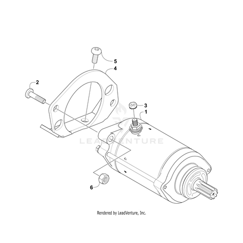 Line drawing of a motor assembly with numbered parts, including the Arctic Cat Starter Adapter Bracket, mounting plate, bolts, washer, motor, and drive shaft. Great for identifying OEM Arctic Cat components.