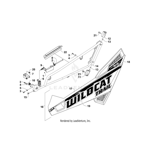 Exploded diagram of a WILDCAT TRAIL side panel assembly with numbered parts—ideal for finding OEM Arctic Cat items like the Door Decal Upper-Left (Red) or choosing matching Arctic Cat UTV accessories.