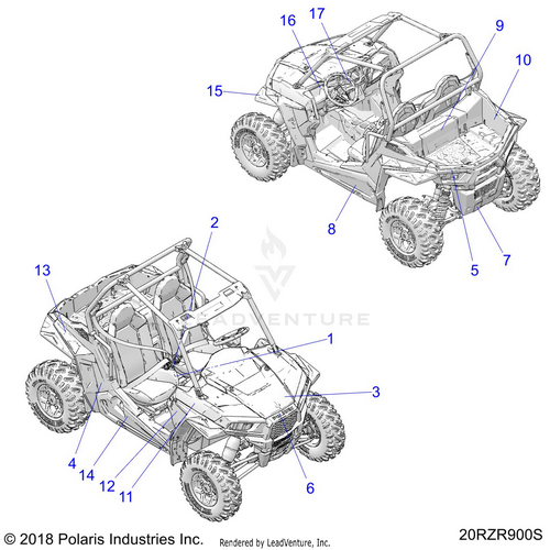 An Image of a Genuine Polaris Parts Schematic Diagram showing the schematic - BODY: DECALS - 2020 POLARIS RZR S 1000 EPS