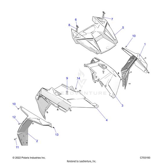 An Image of a Genuine Polaris Parts Schematic Diagram showing the schematic - BODY: HOOD FRONT FENDERS AND FLAIRS - 2023 POLARIS RZR XP 1000 SPORT