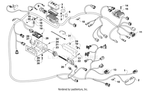A detailed black-and-white line diagram shows how the Fuse Block Decal by Arctic Cat fits into the Wildcat’s wiring harness, illustrating numbered connectors, modules, and OEM components within the complex electrical system.