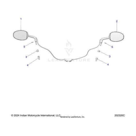 Diagram showing left and right motorcycle side mirrors, including the Mirror Eu Ind LH Bsd Fblk [China] [Left: Includes 3 4] by Polaris with labeled parts and reference numbers for assembly from Witchdoctors.com.