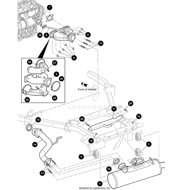 Black and white technical diagram of an automotive exhaust system assembly featuring numbered parts, bolts, pipes, muffler, and a close-up of the Arctic Cat Isolator Exhaust Silicone Blend mounting bracket. Arrows show assembly with OEM Arctic Cat parts.