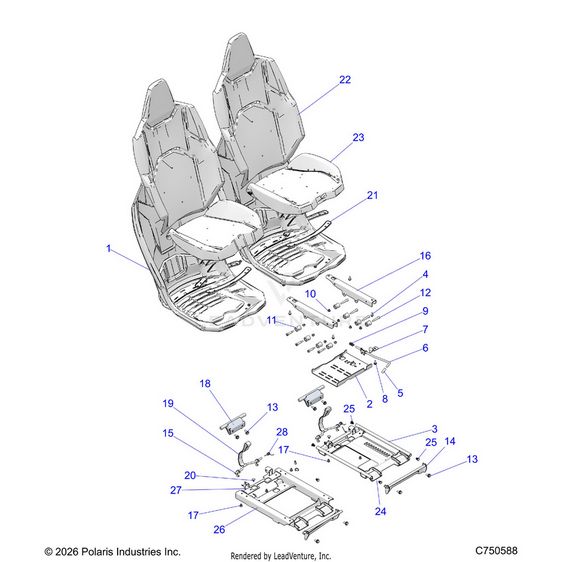 An Image of a Genuine Polaris Parts Schematic Diagram showing the schematic - BODY: SEAT ASM. AND SLIDER FRONT - 2024 POLARIS RZR XP 1000 ULTIMATE
