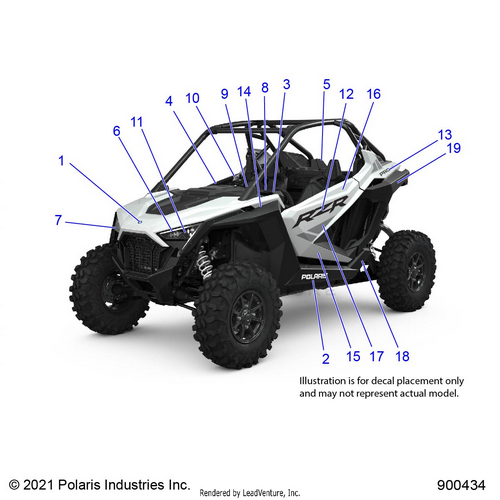 An Image of a Genuine Polaris Parts Schematic Diagram showing the schematic - BODY: DECALS - 2022 POLARIS RZR PRO XP PREMIUM/EVAP