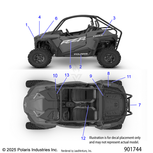 An Image of a Genuine Polaris Parts Schematic Diagram showing the schematic - BODY: DECALS GRAPHICS - 2026 POLARIS RZR 900 TRAIL S SPORT