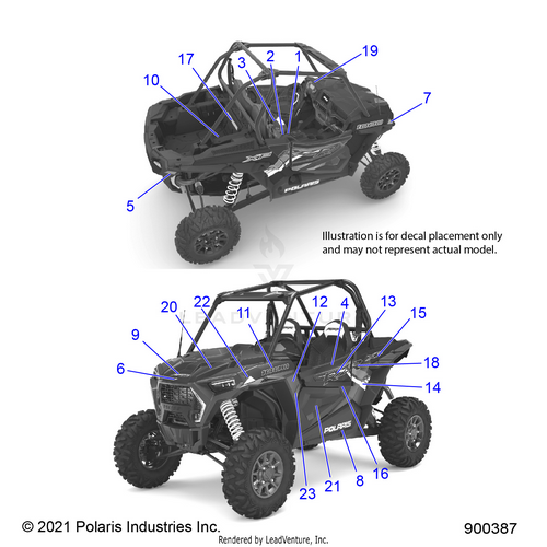 An Image of a Genuine Polaris Parts Schematic Diagram showing the schematic - BODY: DECALS - 2022 POLARIS RZR XP 1000 PREMIUM